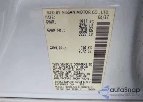 2017 Nissan Altima 2.5 Sv z USA, uszkodzony, nr VIN 1N4AL3AP0HC484647